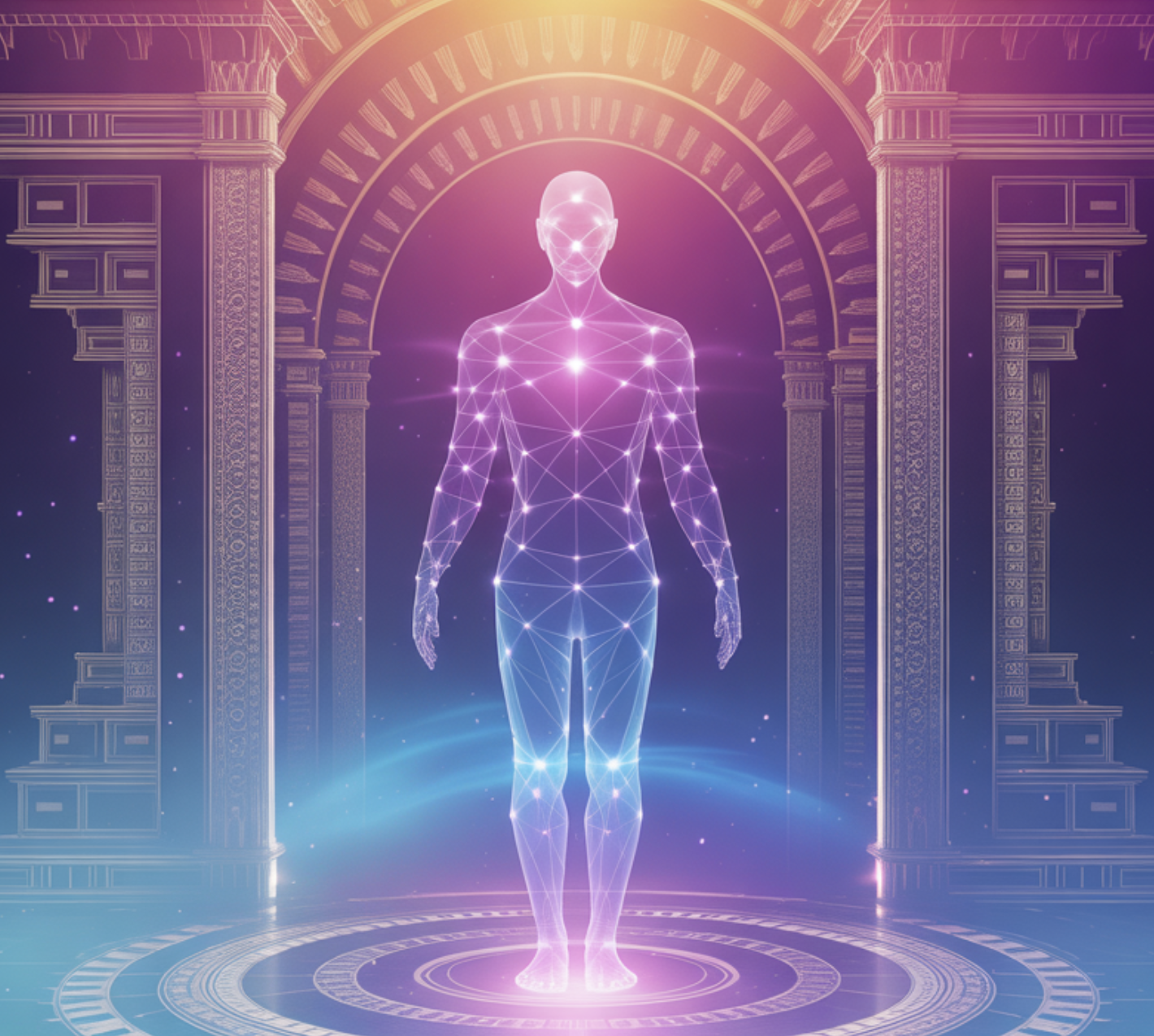 Glowing human figure mapped with data points, standing in an ancient archway